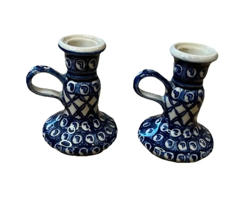 Candlestick Pair Candle Holder Chamber-stick Blue Finger Ring Polish Pottery?